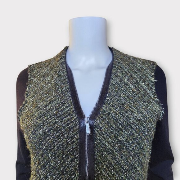 Elie Tahari Tweed Zip Front Sweater Size S Wool Blend Cardigan Green Classic - Picture 4 of 10